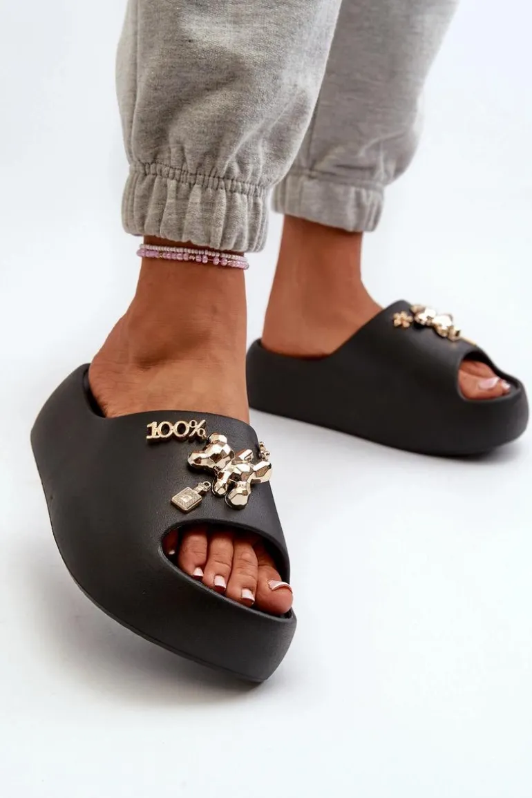 Klapki Damskie Lekkie Piankowe Z Ozdobami Czarne Orchia