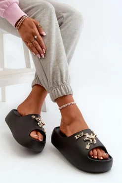 Klapki Damskie Lekkie Piankowe Z Ozdobami Czarne Orchia