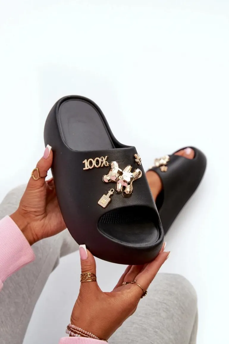 Klapki Damskie Lekkie Piankowe Z Ozdobami Czarne Orchia