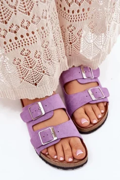 Klapki Damskie Na Korkowej Platformie Klamry Fioletowe Evisolla