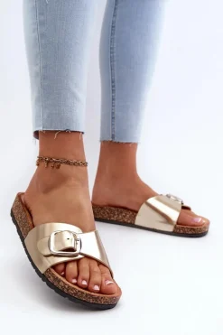 Klapki Damskie Na Korkowej Platformie Z Klamrą Złote Moaxi