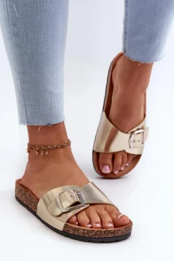 Klapki Damskie Na Korkowej Platformie Z Klamrą Złote Moaxi