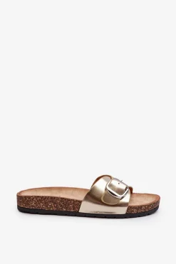 Klapki Damskie Na Korkowej Platformie Z Klamrą Złote Moaxi