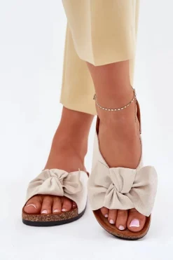 Klapki Damskie Na Korkowej Podeszwie Kokardką Beżowe Seressa