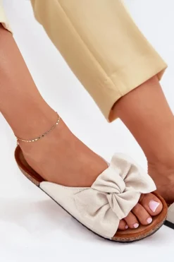 Klapki Damskie Na Korkowej Podeszwie Kokardką Beżowe Seressa