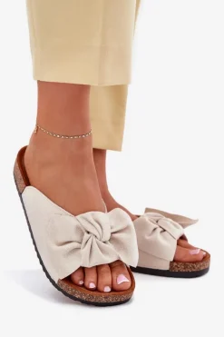 Klapki Damskie Na Korkowej Podeszwie Kokardką Beżowe Seressa