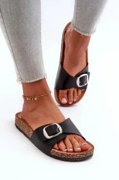 Klapki Damskie Na Korkowej Platformie Z Klamrą Czarne Moaxi