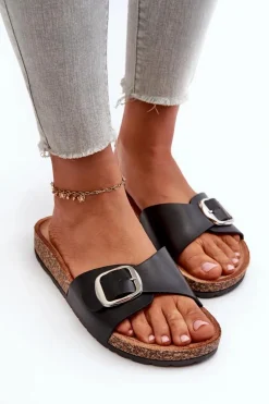 Klapki Damskie Na Korkowej Platformie Z Klamrą Czarne Moaxi