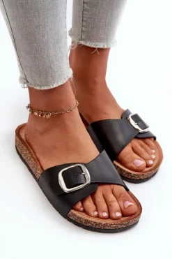 Klapki Damskie Na Korkowej Platformie Z Klamrą Czarne Moaxi