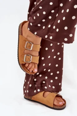 Klapki Damskie Na Korkowej Platformie Z Klamrami Camel Livara