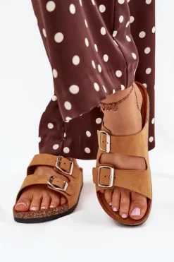 Klapki Damskie Na Korkowej Platformie Z Klamrami Camel Livara