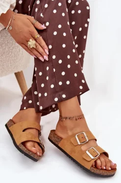 Klapki Damskie Na Korkowej Platformie Z Klamrami Camel Livara