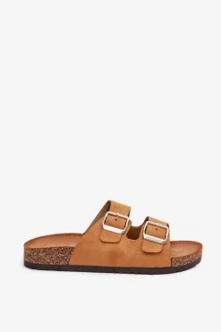 Klapki Damskie Na Korkowej Platformie Z Klamrami Camel Livara