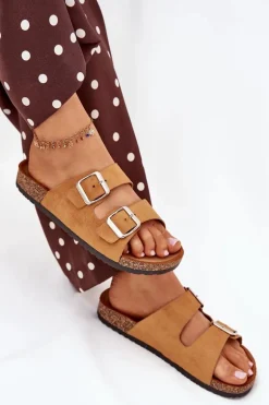 Klapki Damskie Na Korkowej Platformie Z Klamrami Camel Livara