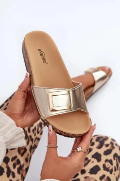 Klapki Damskie Na Korkowej Platformie Z Ozdobą Złote Elleriome