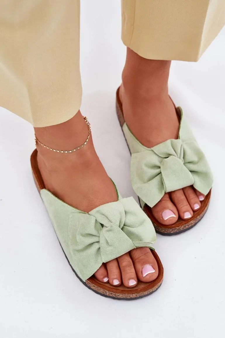 Klapki Damskie Na Korkowej Podeszwie Kokardką Miętowe Seressa