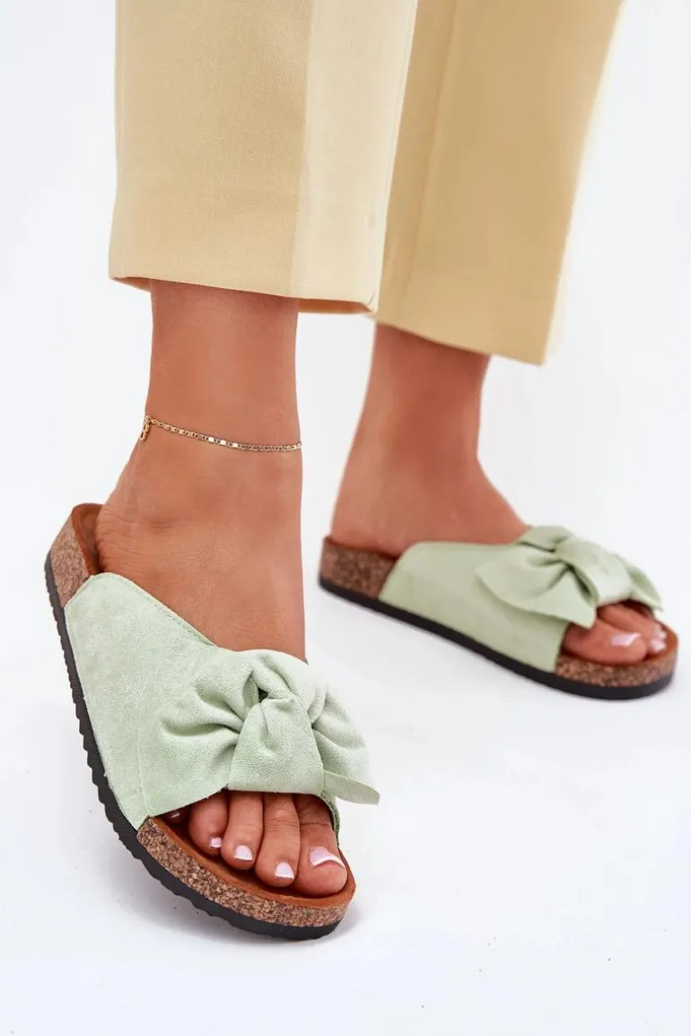 Klapki Damskie Na Korkowej Podeszwie Kokardką Miętowe Seressa
