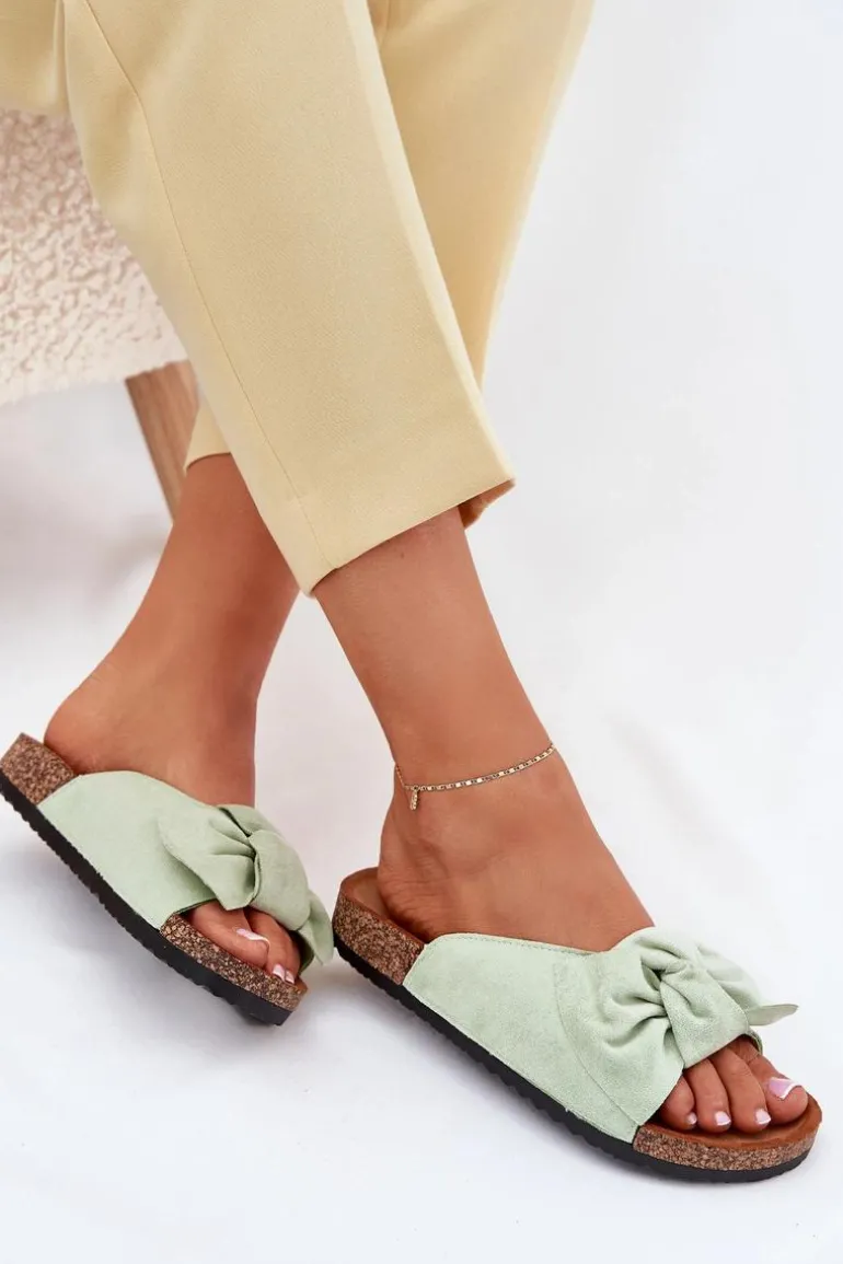 Klapki Damskie Na Korkowej Podeszwie Kokardką Miętowe Seressa