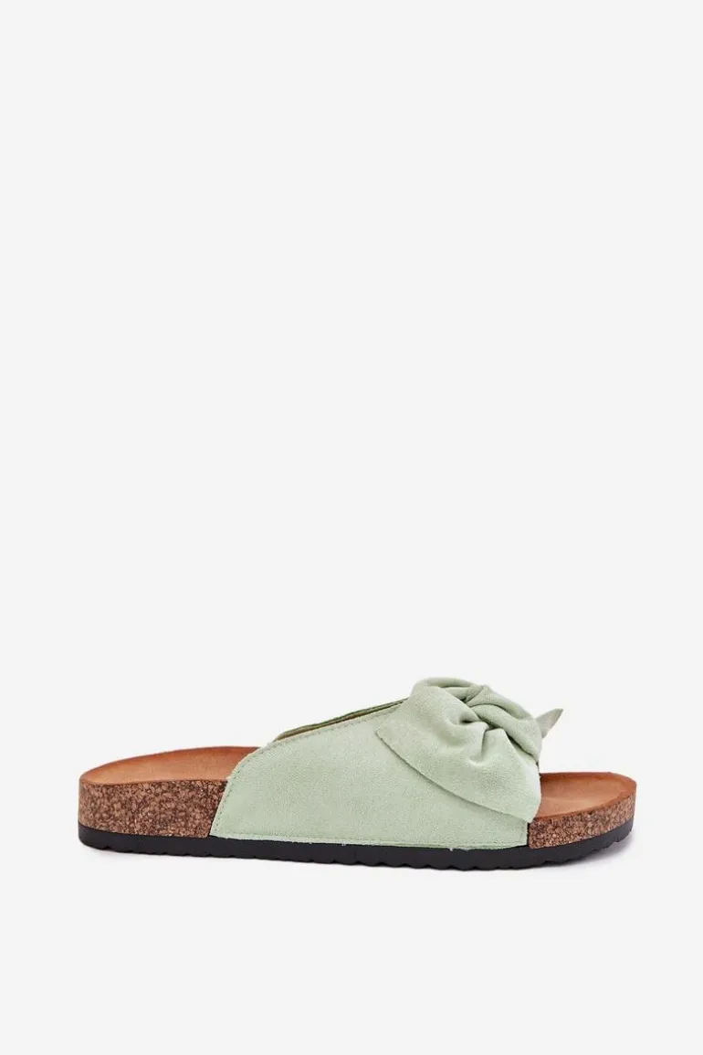 Klapki Damskie Na Korkowej Podeszwie Kokardką Miętowe Seressa