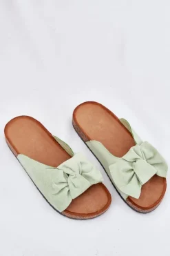 Klapki Damskie Na Korkowej Podeszwie Kokardką Miętowe Seressa
