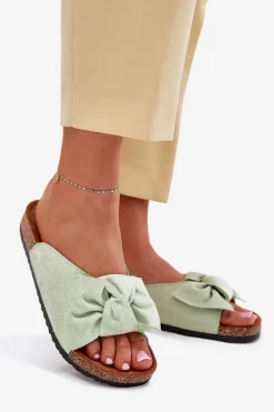 Klapki Damskie Na Korkowej Podeszwie Kokardką Miętowe Seressa