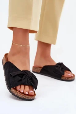 Klapki Damskie Na Korkowej Podeszwie Kokardką Czarne Seressa