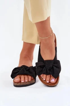 Klapki Damskie Na Korkowej Podeszwie Kokardką Czarne Seressa