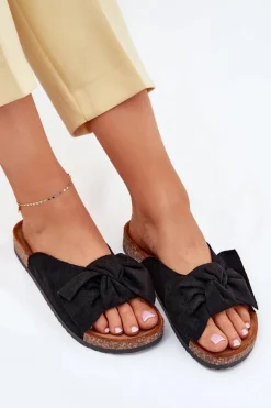 Klapki Damskie Na Korkowej Podeszwie Kokardką Czarne Seressa