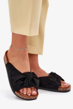 Klapki Damskie Na Korkowej Podeszwie Kokardką Czarne Seressa