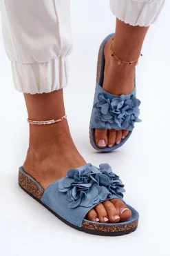 Klapki Damskie Na Korkowej Platformie Z Eko Zamszu Niebieskie Jaihini