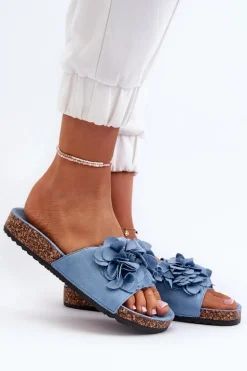 Klapki Damskie Na Korkowej Platformie Z Eko Zamszu Niebieskie Jaihini