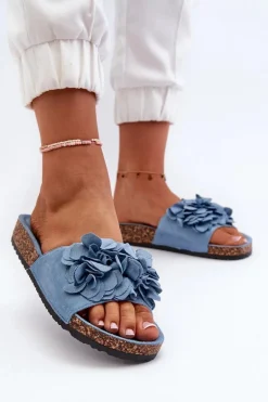 Klapki Damskie Na Korkowej Platformie Z Eko Zamszu Niebieskie Jaihini