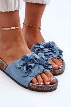 Klapki Damskie Na Korkowej Platformie Z Eko Zamszu Niebieskie Jaihini