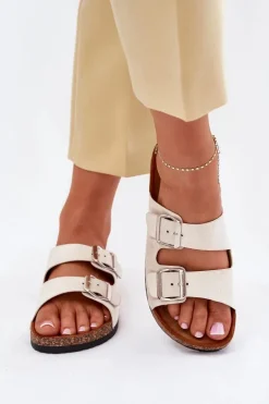 Klapki Damskie Na Korkowej Platformie Z Klamrami Beżowe Livara