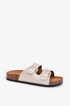 Klapki Damskie Na Korkowej Platformie Z Klamrami Beżowe Livara