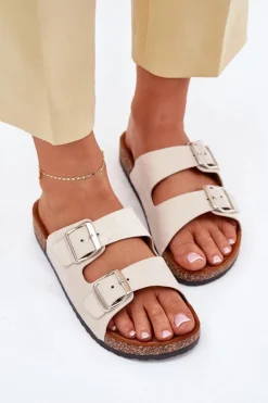 Klapki Damskie Na Korkowej Platformie Z Klamrami Beżowe Livara