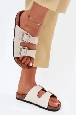 Klapki Damskie Na Korkowej Platformie Z Klamrami Beżowe Livara