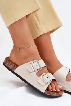 Klapki Damskie Na Korkowej Platformie Z Klamrami Beżowe Livara