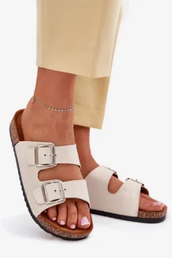 Klapki Damskie Na Korkowej Platformie Z Klamrami Beżowe Livara