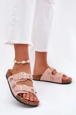 Klapki Damskie Na Korkowej Podeszwie Z Klamrami I Przypinkami Jasnoróżowe Efadelis