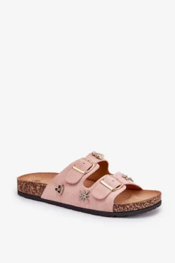 Klapki Damskie Na Korkowej Podeszwie Z Klamrami I Przypinkami Jasnoróżowe Efadelis