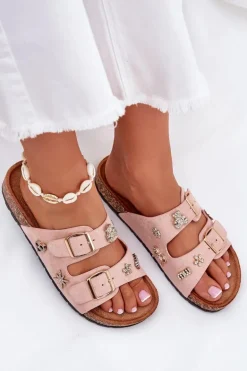 Klapki Damskie Na Korkowej Podeszwie Z Klamrami I Przypinkami Jasnoróżowe Efadelis