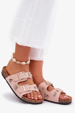 Klapki Damskie Na Korkowej Podeszwie Z Klamrami I Przypinkami Jasnoróżowe Efadelis