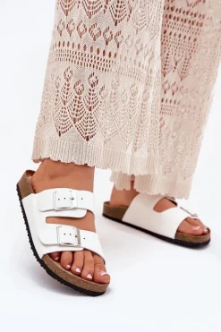 Klapki Damskie Na Korkowej Platformie Klamry Białe Evisolla