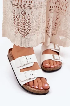 Klapki Damskie Na Korkowej Platformie Klamry Białe Evisolla