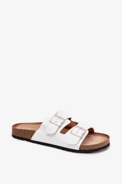 Klapki Damskie Na Korkowej Platformie Klamry Białe Evisolla