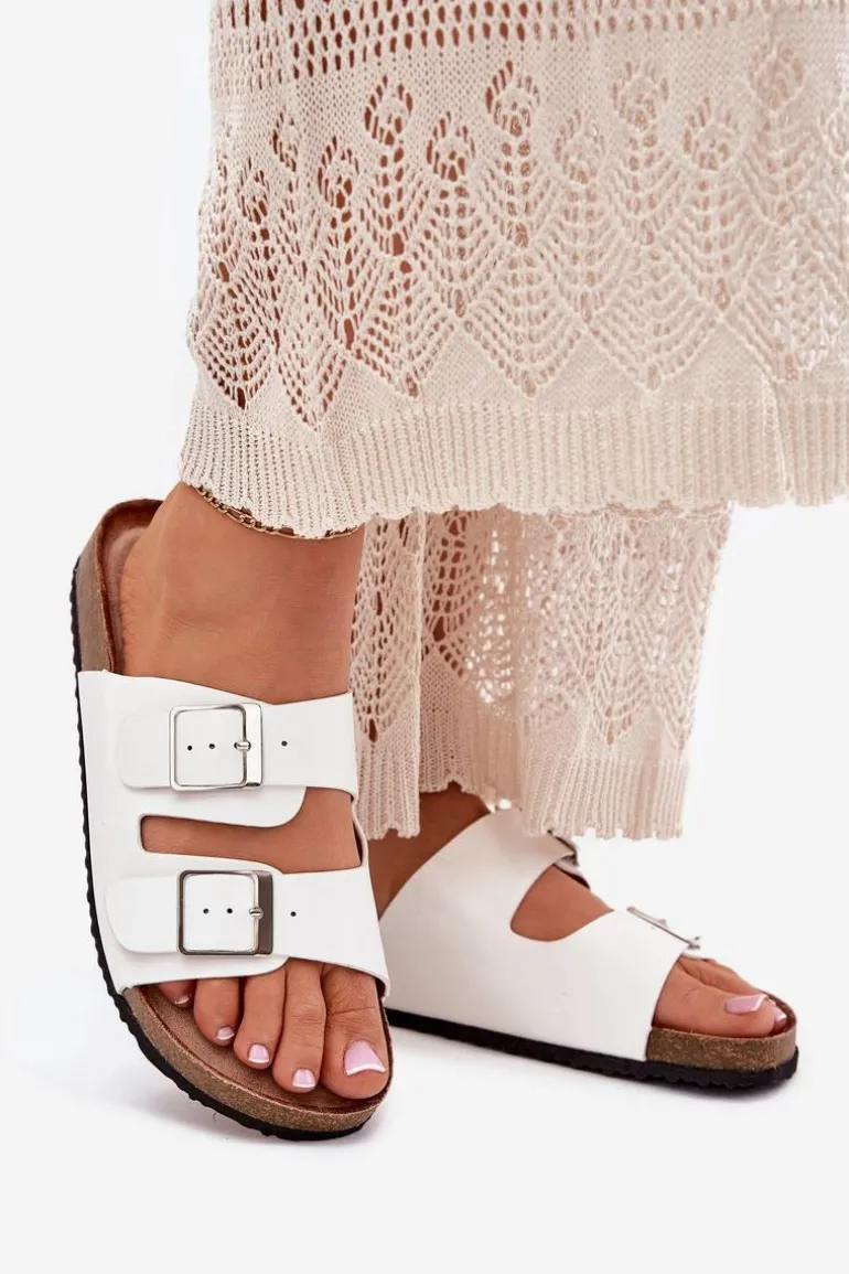 Klapki Damskie Na Korkowej Platformie Klamry Białe Evisolla