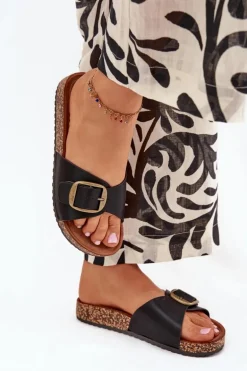 Klapki Damskie Na Korkowej Platformie Z Klamrą Czarne Vianara