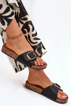 Klapki Damskie Na Korkowej Platformie Z Klamrą Czarne Vianara