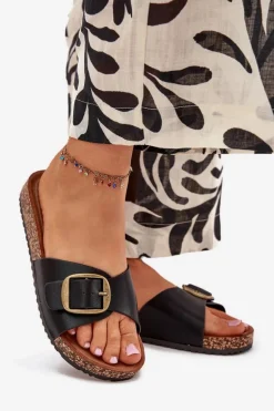 Klapki Damskie Na Korkowej Platformie Z Klamrą Czarne Vianara